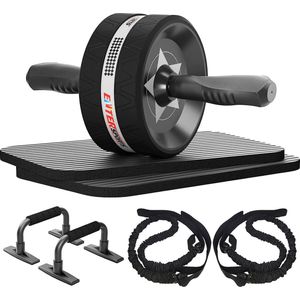 Buikroller, buikspiertrainer, ABS-roller, 6-in-1 buiktrainer met fitnessband, push-ups, kniemat, buiktrainer voor thuis, fitnessapparaten, buikspierroller, goed voor thuistraining