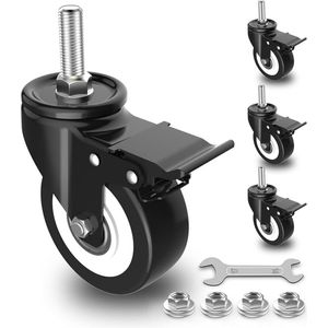 50 mm, stuurwielen met dubbele veiligheidsvergrendeling, robuuste transportwielen van polyurethaan rubberen coating, geruisloze meubelwielen met remmen, totale capaciteit van 300 kg (4 stuks)