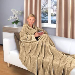 tv-deken met mouwen en voetenzak, 200 x 170 cm, knuffeldeken, vele kleuren, superzacht, XL, flanellen microvezelfleece (lichtbruin)