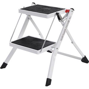 2-sporten ladder, vouwladder, sportbreedte 20 cm, antislip rubber, met handvat, draagvermogen 150 kg, staal, GS-gecertificeerd, zwart en wit GSL02WT
