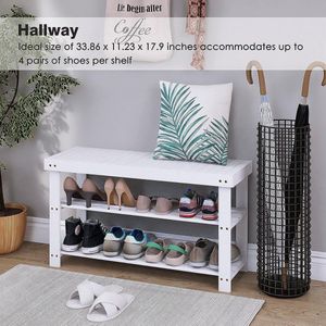 SMIBUY Bamboe Schoenenrek Bank, 86 x 28.5 x 45.5 cm, 3-Tier Schoen Organizer Opbergplank voor Hal Badkamer Woonkamer (Wit)