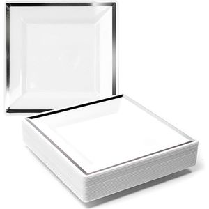 20 Kleine Vierkante Witte Borden met Zilveren Rand (16cm), Dessert Feestbordjes voor Bruiloften, Verjaardagen, Dopen, Kerstmis & Feesten - Stevig en Herbruikbaar