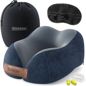 Nekkussen Memory Foam Reiskussen: Set met Slaapmasker Oordopjes + Tas | Reis Accessoire Travel Pillow U-Vorm Traagschuim | Zacht Cover wasbaar | Hoofdkussen Vliegtuig Auto Bus Trein Vakantie Man Vrouw