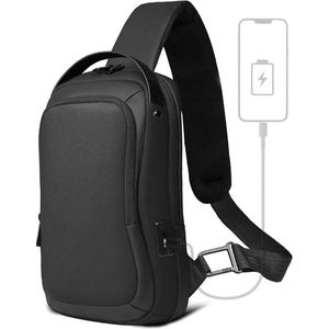 Schoudertas voor heren, waterdichte borstzak voor 11,3 inch iPad Business Sling Bag met USB-aansluiting, diefstalbestendig, crossbody tas, kleine schoudertas voor heren, voor vrije tijd, werk, universiteit, reizen, zwart, zwart