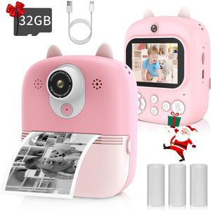 Kindercamera, 2,4 inch instant kindercamera met 32 GB SD-kaart en printpapier, 12 MP/1080 P HD camcorder digitale camera voor kinderen, geschenken voor 3-12 jaar oud