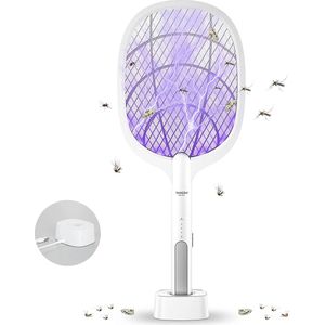 DANGZW Elektrische Vliegenmepper, 2 in 1 3000V USB Oplaadbare Elektrische Vliegenmepper met Oplaadbasis, Elektrische Vliegenvanger Insectendoder voor Muggen, Vliegen, Bijen, Motten
