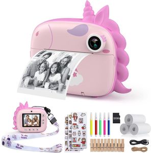 HiMont Onmiddellijke kindercamera, digitale camera voor kinderen met printpapier en 32G TF-kaart, videocamera met gekleurde pennen en fotoklemmen om te knutselen, cadeau voor kinderen van 3 tot 14 jaar (roze)