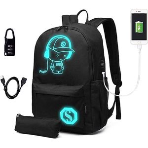 School Rugzak Kinderrugzakken Zwart Casual Dagrugzak met Pencil Case Uniseks Anime Boekentas Lichtgevende Zak Waterdichte 15.6 Inch Reizen Laptop Tassen voor Jongens Meisjes met USB-poort