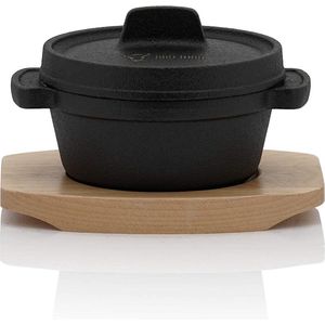 BBQ-Toro Mini Dutch Oven (1 stuk), Ø 11 cm, gietijzeren serveerpot met houten onderzetter, al ingebrand - preseasoned, kookpan, kleine braadpan, gietijzeren pan