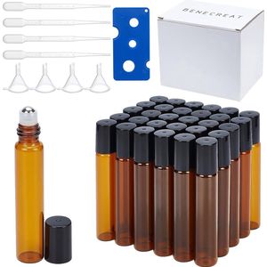 10 ml 30 pak Sienna glazen roller flessen navulbare container voor essentiële oliën, aromatherapie, geur, lippenbalsems, met 5 stuks 3 ml pipet meegeleverd