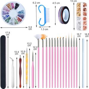 Penseel voor gelnagels, 50 stuks gelnagelaccessoires bevat 15 stuks nail art kwasten, 12 potjes foliestickers, 10 manicuretapes, 5 punteerstiften en 3 sets nail art strassstenen