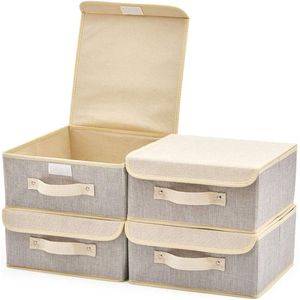 4-pack opbergdoos met deksel, Cube opbergmand opbergsysteem dozen manden kisten (grijs & beige) - 26,7 x 26,7 x 12,7 cm