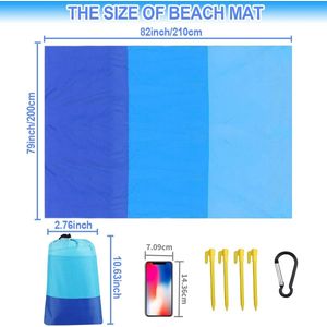 Strandmat, picknickdeken, waterdicht, zandbestendig, extra groot, 210 x 200 cm, stranddeken voor buiten, draagbare picknickmat met 4 vaste nagels en opbergtas voor strandpark, camping, wandelen, reizen, blauw