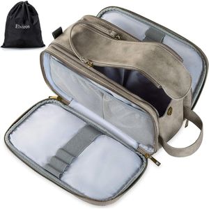 Waterbestendige lederen toilettas voor mannen grote reistas scheren Dopp Kit Badkamer Gym Toiletten Make-up Organizer met gratis natte droge tas (Grijs, 30,5 x 17 x 18 cm)