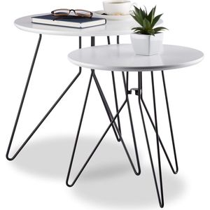 Bijzettafel set van 2, ronde tafeltjes met metalen frame, tafelblad, 40 en 48 cm, MDF, zwart-wit, standaard