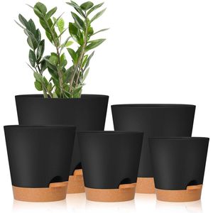 Plantenpotten 7/6,5/6/5,5/5 inch zelfbewaterende plantenbakken met drainagegat, plastic bloempotten, kwekerij plantpot voor alle kamerplanten, Afrikaans violet, bloemen en cactus, zwart