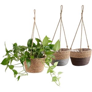 3Pcs Hangende Plantenmand,Katoenen Touw Plantenmand Zeegras Plantenmand Geweven Plantenpot Zeegras Plantenbak met Lang Hangend Touw voor Binnen Buiten Hangende Plantenmand