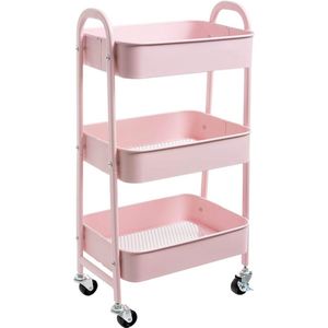 Opbergwagen 3-etages Metaal Utility Cart rolwagen, Organizer Trolley met Wielen voor Keuken, Make-up, Badkamer, Kantoor, Roze