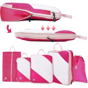Opbergkoffer, 5 stuks, Packing Cubes, compressie-organizer, ultralicht, rekbaar, voor schoenen, bagage, tassen, compressiezakken voor reizen (roze)