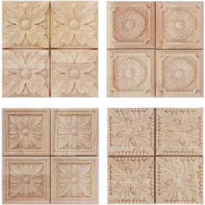 4 stuks carving geruite applique ongeverfd sticker voor meubeldecoratie natuurlijke hout appliques vierkante bloem carving decals decoratieve houten ambachtelijke 6x6cm (1 #)