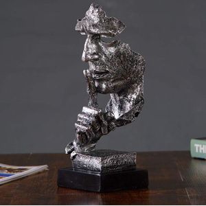 Abstracte en creatieve bureau-decoraties De Denker Standbeeld, Hand- en gezichtsbeelden en sculpturen voor Huis Wonen Kamer Decor (Stilte, Zilver)