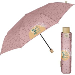 GREEN Eco Duurzame Opvouwbare Paraplu voor Vrouwen - Vouwparaplu Milieuvriendelijk Natuurlijk Houten Handvat met Handmatige Opening - Compacte Windbestendige Reisparaplu (Roze met Stippen)