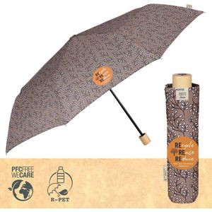 GREEN Eco Duurzame Opvouwbare Paraplu voor Vrouwen - Vouwparaplu Organisch Natuurlijk Houten Handvat met Handmatige Opening - Lichtgewicht Windbestendige Reisparaplu (Bruin met Witte Bloemen)