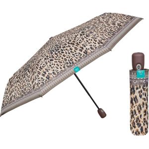 Mini Opvouwbare Paraplu Bruin voor Dames - Automatische Open en Dicht Vouwparaplu met Luipaard Print - Bestendige Compacte Reisparaplu Windbestendig - Diameter van 94 cm - Perletti (Luipaard Grijs)