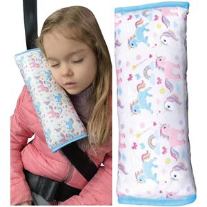 auto slaapkussen voor kinderen - machine wasbaar - zacht autogordelkussen, gordelbeschermer, gordelkussen, autokussen, reiskussen, vakantie - 30x12cm (Eenhoorn)