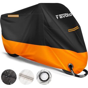 Bijgewerkte Versie Motorhoes 210D Waterdichte Motorhoes XXL UV Kras Vogelpoep Hittebestendige Buitenbescherming 245x105x125cm met 2 Winddichte Gespen, Zwart-Oranje