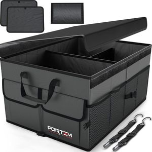 Auto Organizer, Auto Kofferbak Organizer, Achterbak Organizer, Opvouwbare Organizer Auto met Compartimenten, Antislip Bodem, Verstelbare Bevestigingsriempjes, Opvouwbaar Deksel (Grijs, Large)
