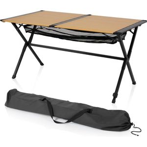 Campingtafel, dienblad, bamboelook, roltafel, 140 x 80 x 70 cm, verstelbare poten, weerbestendig, draagtas