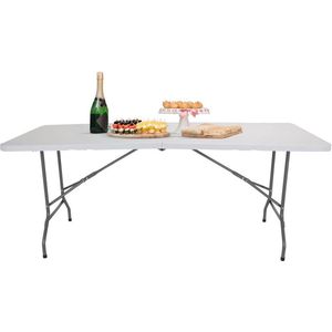 klaptafel, 152 x 70 cm, kunststof, wit, campingtafel, inklapbaar met handgreep, metalen frame