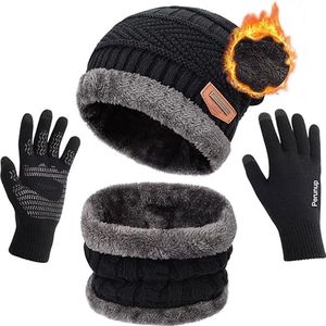 Zwarte 3 Stks (Muts + Sjaal + Handschoenen)Winter Warm Gebreide Slouch Beanie Muts Skiën Nekwarmer Sjaal Handschoenen Reeks met Dubbellaags Fleece Voering voor Mannen Dames.