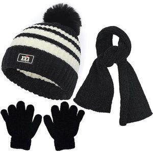 Pom muts en handschoenen voor kinderen, warme strepen, beanie, wintermuts, lange sjaal en handschoenen, set voor 2-8 jaar, jongens en meisjes, winteraccessoireset, outdoor sport, Zwart.