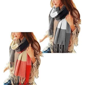 Dames geruit oversized kasjmier sjaal lange zachte wraps dames geruit oversized sjaal lange sjaal voor herfst en winter,2 pakketten (rood blauw + zwart).
