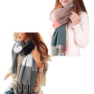Dames geruit oversized kasjmier sjaal lange zachte wraps dames geruit oversized sjaal lange sjaal voor herfst en winter, 2 pakketten (roze groen + zwart).