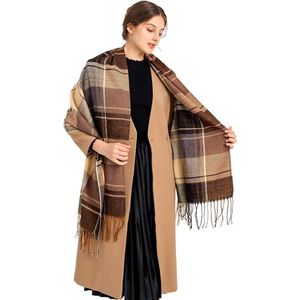Sjaals voor dames, winter, lang, zacht, warm, geruit, omslagdoeken, wol, franjes, sjaal, stola, das, vrouwen, Bruin.