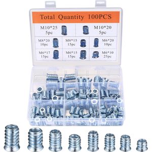 100 stuks inschroefmoeren, M6/M8/M10 inschroefhulzen, binnenzeskant schroef in schroefdraadinzetmoeren, zeskant moeren voor houten meubels