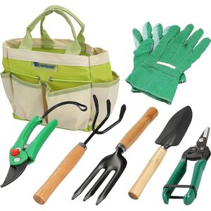 tuingereedschap set 7 stuks tuingereedschap met tas snoeischaar tuinhandschoenen schepje harke 5124