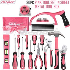 30-delige roze gereedschapsset voor beginners met metalen gereedschapskist. Home Repair Starter DIY Tool Kit met ijzerzaag, schroevendraaiers, hamer, tang, sleutel, stofbril & meer