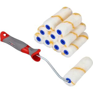 Set van 10 verfrollers, geeldraad, 115 mm, met rubberen handgreep, verfroller, rollerborstel voor verfwerkzaamheden en renovatie