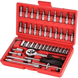 Dopsleutelset met ratel en adaptergereedschap van chroom-vanadiumstaal 1/4 inch (Rood-46)