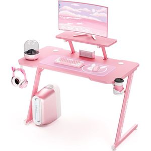 Gaming Bureau, grote ergonomische gaming computer bureau, koolstofvezel tafelblad E-Sports bureau met verstelbare monitor plank, draaibare oortelefoon, beker, handvat houders, roze