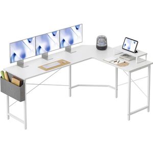 modern L-vormig computerbureau, 170 x 120 cm, stabiel voor gaming, hoekbureau met monitorstandaard en lade, groot wit bureau