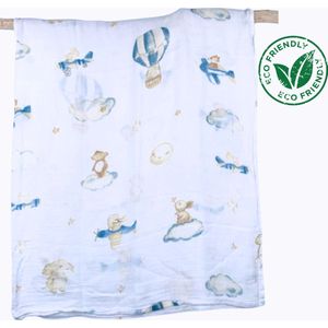 Duopack 2x BoefieBoef Lucht Beer Grote XL Hydrofiele Doek Baby - Duurzaam Eco Bamboe - Kerst en KraamCadeau - Swaddle, Inbakerdoek, Hydrofiele Luier & Babydeken - Wit Dier Blauw Vliegtuig