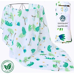 Triplepack 3x BoefieBoef Jungle Luiaard Grote XL Hydrofiele Doek Baby - Duurzaam Eco Bamboe - Kerst en KraamCadeau - Swaddle, Inbakerdoek, Hydrofiele Luier & Babydeken - Bladeren Plant Groen Wit