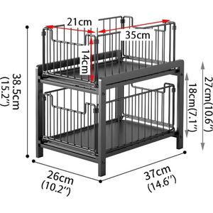 Kast schuifmand met 2 uittrekmanden 2 niveaus onder wastafel plank roestvrij staal kruidenrek hoge capaciteit schuifladenrek voor keuken en badkamer (Wit)