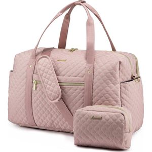 Grote weekendtas voor dames roze - Sporttas met 15.6 inch laptop vak - Reistas, handtas, fitnesstas - Gouden details