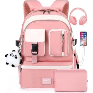 Roze rugzak 2-delig - USB-oplaadpoort - Boekentas, rugtas , schooltas voor kinderen, tieners, meisjes